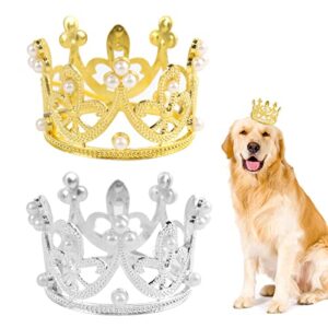 2pcs pet birthday party crown for small dog with adjustable strap hat rhinestone faux pearl crown for birthday party, adoption celebration or gotcha day photos(small)
