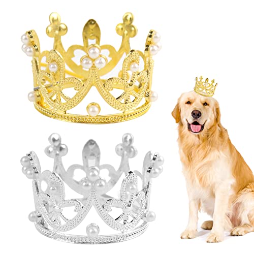 2Pcs Pet Birthday Party Crown for Small Dog with Adjustable Strap Hat Rhinestone Faux Pearl Crown for Birthday Party, Adoption Celebration or Gotcha Day Photos(Small)