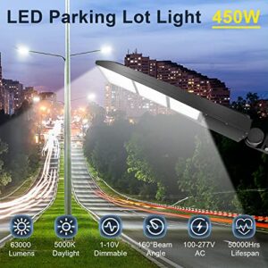 450W LED Parking Lot Light 63000LM Commercial Outdoor Light 5000K Dimmable LED Shoebox Area Light (1500W HID/HPS Equivalent), Slip Fitter Mount IP65 Waterproof, 100-277V AC UL&DLC Listed