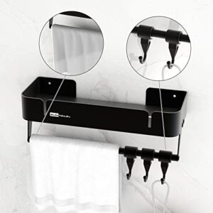 RCHYFEED 11.7”Shower Caddy with Towel Bar, Shower Organizer Adhesive,Metal Rustproof Bathroom Shower Shelf Rack with Hook, Drilling-Free Self Adhesive Storage Shelf for Bathroom & Kitchen(Black)