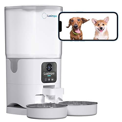 LUSIMPO Automatic Dual Pet Feeder with 1080P HD Camera for 2 Dogs/Cats, Double Bowls, Dog/Cat Feeder with Camera, Free App Control, Scheduled Feeding, Auto Night Vision, Extra Large Food Capacity 7L