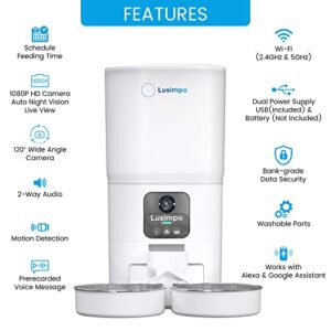 LUSIMPO Automatic Dual Pet Feeder with 1080P HD Camera for 2 Dogs/Cats, Double Bowls, Dog/Cat Feeder with Camera, Free App Control, Scheduled Feeding, Auto Night Vision, Extra Large Food Capacity 7L