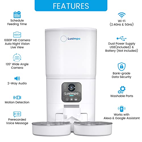 LUSIMPO Automatic Dual Pet Feeder with 1080P HD Camera for 2 Dogs/Cats, Double Bowls, Dog/Cat Feeder with Camera, Free App Control, Scheduled Feeding, Auto Night Vision, Extra Large Food Capacity 7L