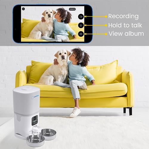 LUSIMPO Automatic Dual Pet Feeder with 1080P HD Camera for 2 Dogs/Cats, Double Bowls, Dog/Cat Feeder with Camera, Free App Control, Scheduled Feeding, Auto Night Vision, Extra Large Food Capacity 7L