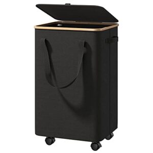 raybee rolling laundry basket tall laundry hamper with lid large hampers for laundry with bamboo handle on wheel laundry baskets bins organizer with removable bag for dirty clothes, toys, black