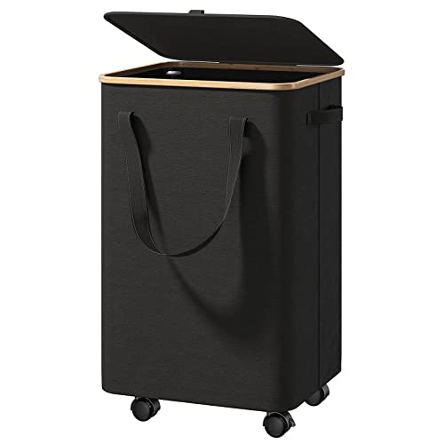 Raybee Rolling Laundry Basket Tall Laundry Hamper with Lid Large Hampers for Laundry with Bamboo Handle on Wheel Laundry Baskets Bins Organizer with Removable Bag for Dirty Clothes, Toys, Black