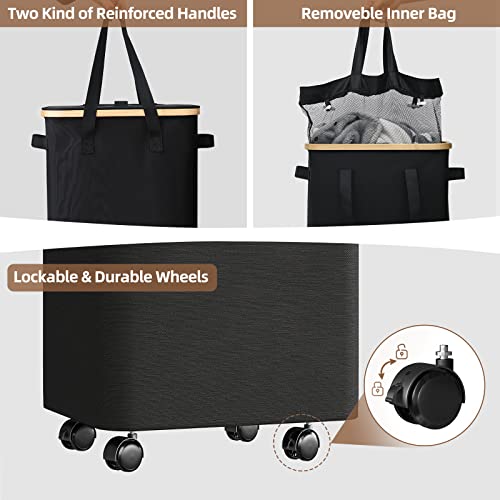 Raybee Rolling Laundry Basket Tall Laundry Hamper with Lid Large Hampers for Laundry with Bamboo Handle on Wheel Laundry Baskets Bins Organizer with Removable Bag for Dirty Clothes, Toys, Black