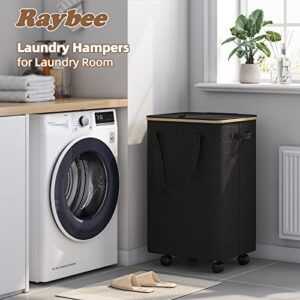 Raybee Rolling Laundry Basket Tall Laundry Hamper with Lid Large Hampers for Laundry with Bamboo Handle on Wheel Laundry Baskets Bins Organizer with Removable Bag for Dirty Clothes, Toys, Black