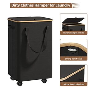 Raybee Rolling Laundry Basket Tall Laundry Hamper with Lid Large Hampers for Laundry with Bamboo Handle on Wheel Laundry Baskets Bins Organizer with Removable Bag for Dirty Clothes, Toys, Black