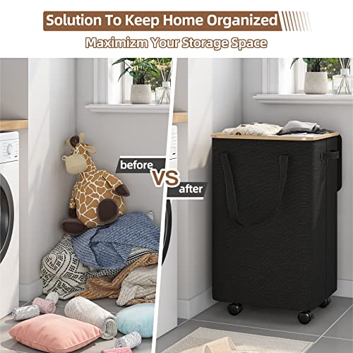 Raybee Rolling Laundry Basket Tall Laundry Hamper with Lid Large Hampers for Laundry with Bamboo Handle on Wheel Laundry Baskets Bins Organizer with Removable Bag for Dirty Clothes, Toys, Black