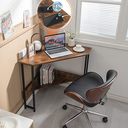 COSTWAY Corner Computer Desk, with USB Ports & Power Outlet, Storage Shelf for Small Space, Triangle Steel Frame Corner Desk for Home Office, Workstation (Rustic Brown)