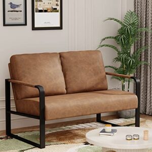 pointant love seat mini couch small settee loveseat bench for living room, faux leather loveseat sofa small sofa couches for small spaces with padded cushion, mid century modern brown love seats