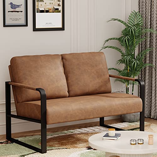 POINTANT Love Seat Mini Couch Small Settee Loveseat Bench for Living Room, Faux Leather Loveseat Sofa Small Sofa Couches for Small Spaces with Padded Cushion, Mid Century Modern Brown Love Seats