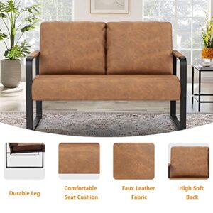 POINTANT Love Seat Mini Couch Small Settee Loveseat Bench for Living Room, Faux Leather Loveseat Sofa Small Sofa Couches for Small Spaces with Padded Cushion, Mid Century Modern Brown Love Seats