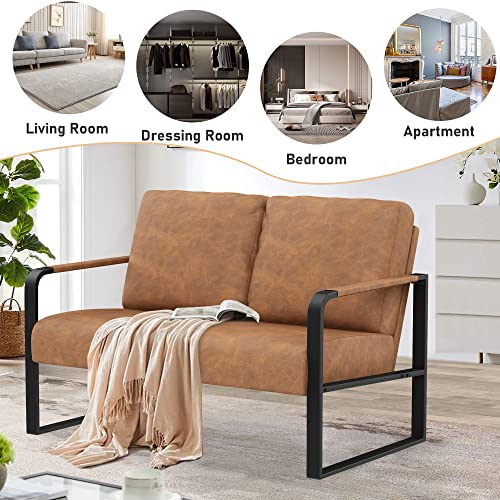 POINTANT Love Seat Mini Couch Small Settee Loveseat Bench for Living Room, Faux Leather Loveseat Sofa Small Sofa Couches for Small Spaces with Padded Cushion, Mid Century Modern Brown Love Seats