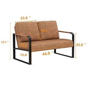 POINTANT Love Seat Mini Couch Small Settee Loveseat Bench for Living Room, Faux Leather Loveseat Sofa Small Sofa Couches for Small Spaces with Padded Cushion, Mid Century Modern Brown Love Seats