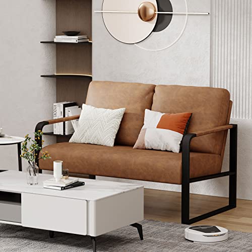 POINTANT Love Seat Mini Couch Small Settee Loveseat Bench for Living Room, Faux Leather Loveseat Sofa Small Sofa Couches for Small Spaces with Padded Cushion, Mid Century Modern Brown Love Seats