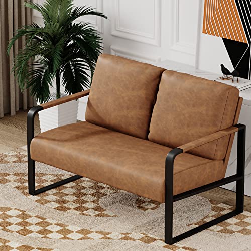 POINTANT Love Seat Mini Couch Small Settee Loveseat Bench for Living Room, Faux Leather Loveseat Sofa Small Sofa Couches for Small Spaces with Padded Cushion, Mid Century Modern Brown Love Seats