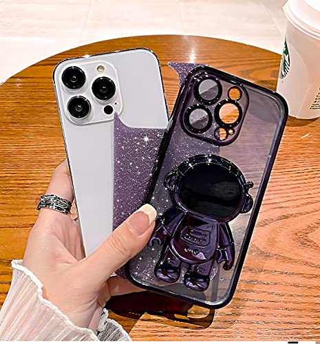 MANLENO Electroplated for iPhone 14 Pro Max Case for Women Girls Astronaut Hidden Stand Case with Camera Protection Foldable Astronaut Kickstand Phone Case Glitter Soft Protective Case (Deep Purple)