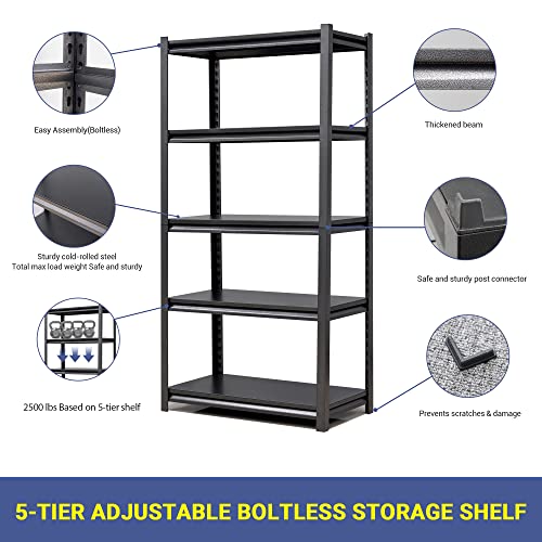 LUCYPAL 5-Tier Adjustable Metal Storage Shelves,Heavy Duty Garage Shelving Utility Rack for Garage,Warehouse,Pantry,Kitchen,35.4”W x 15.7”D x 72”H,Black