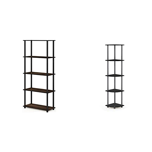 Furinno Turn-N-Tube 5-Tier Multipurpose Shelf, Columbia Walnut/Black & Turn-N-Tube 5 Tier Corner Display Rack Multipurpose Shelving Unit, 1-Pack, Black/Grey