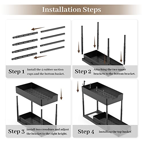 Under Sink Organizer, HYSEYY Sliding Out Under Cabinet Organizer, 2-Tier Under Sink Organizers and Storage, Height-adjustable Under Sink Storage