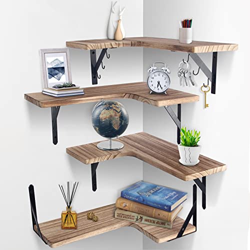 Corner Floating Shelves, Wood Wall Display Storage Shelves Set of 4, Rustic Wood Wall Shelves, Corner Shelf Wall Mount, Decorate for Living Room, Bathroom, Bedroom, Kitchen, Office