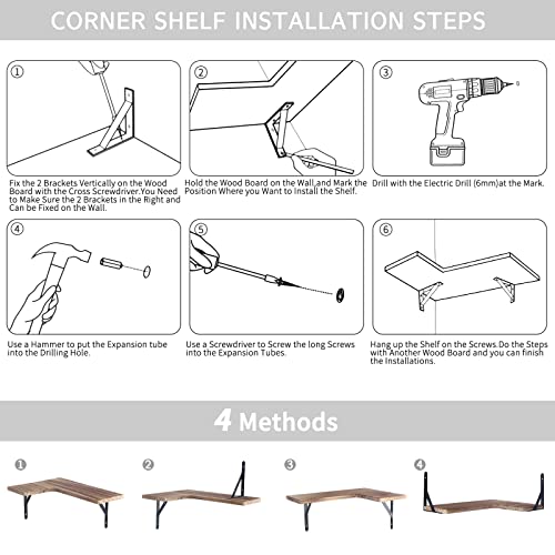 Corner Floating Shelves, Wood Wall Display Storage Shelves Set of 4, Rustic Wood Wall Shelves, Corner Shelf Wall Mount, Decorate for Living Room, Bathroom, Bedroom, Kitchen, Office