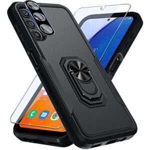 for samsung galaxy a14 5g case with screen protector+camera lens protector,heavy duty shockproof full body protective phone cover,built in rotatable magnetic ring holder kickstand,2023 black matte