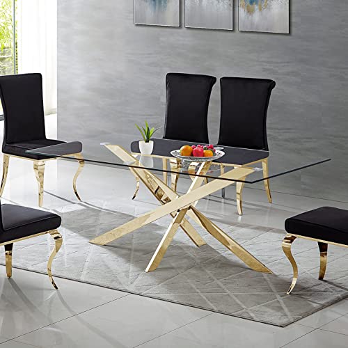 SSLine 63" Long Dining Table for 6 Tempered Glass Kitchen Table w/Mirrored Stainless Steel Nest-Shape Pedestal Base Mid-Century Rectangle Dinner Table for Dining Room Home Office Meeting (Gold)