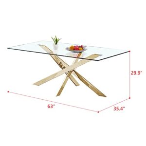 SSLine 63" Long Dining Table for 6 Tempered Glass Kitchen Table w/Mirrored Stainless Steel Nest-Shape Pedestal Base Mid-Century Rectangle Dinner Table for Dining Room Home Office Meeting (Gold)