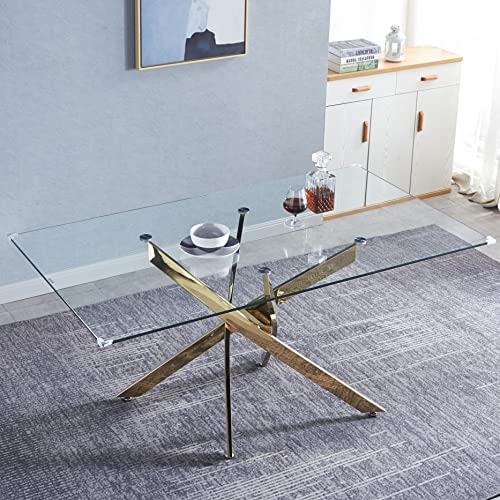 SSLine 63" Long Dining Table for 6 Tempered Glass Kitchen Table w/Mirrored Stainless Steel Nest-Shape Pedestal Base Mid-Century Rectangle Dinner Table for Dining Room Home Office Meeting (Gold)