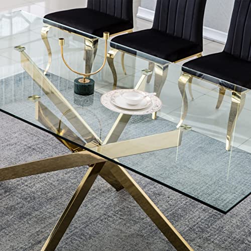 SSLine 63" Long Dining Table for 6 Tempered Glass Kitchen Table w/Mirrored Stainless Steel Nest-Shape Pedestal Base Mid-Century Rectangle Dinner Table for Dining Room Home Office Meeting (Gold)