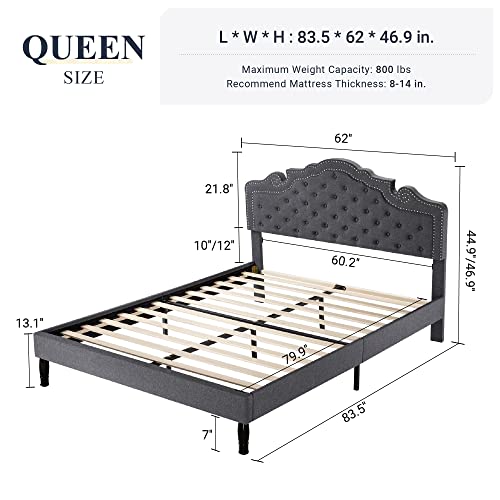 Allewie Queen Bed Frame with Adjustable Tiara Headboard, Fabric Upholstered Diamond Button Tufted Platform Bed, Wood Slats Support, No Box Spring Needed, Mattress Foundation, Easy Assembly, Dark Grey