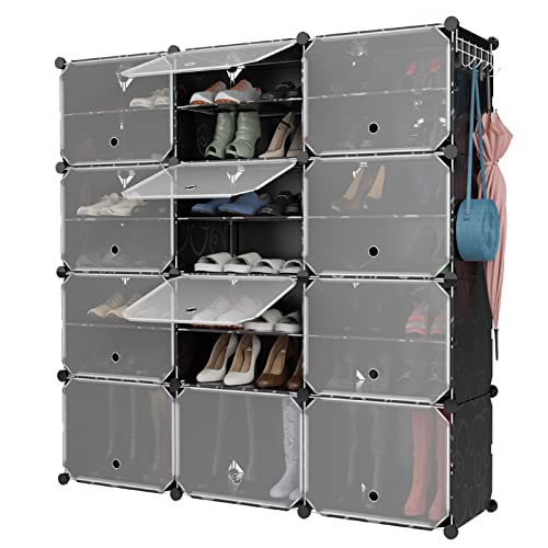 Tangkula 48 Pairs Shoe Rack Organizer, 12-Cube Shoe Storage Cabinet with Removable Shelf, 5 Hanging Hooks, DIY Shoe Shelves with Doors, 24 Tiers Free Standing Shoe Tower Rack for Entryway