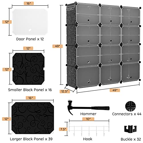 Tangkula 48 Pairs Shoe Rack Organizer, 12-Cube Shoe Storage Cabinet with Removable Shelf, 5 Hanging Hooks, DIY Shoe Shelves with Doors, 24 Tiers Free Standing Shoe Tower Rack for Entryway