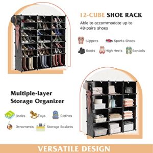 Tangkula 48 Pairs Shoe Rack Organizer, 12-Cube Shoe Storage Cabinet with Removable Shelf, 5 Hanging Hooks, DIY Shoe Shelves with Doors, 24 Tiers Free Standing Shoe Tower Rack for Entryway