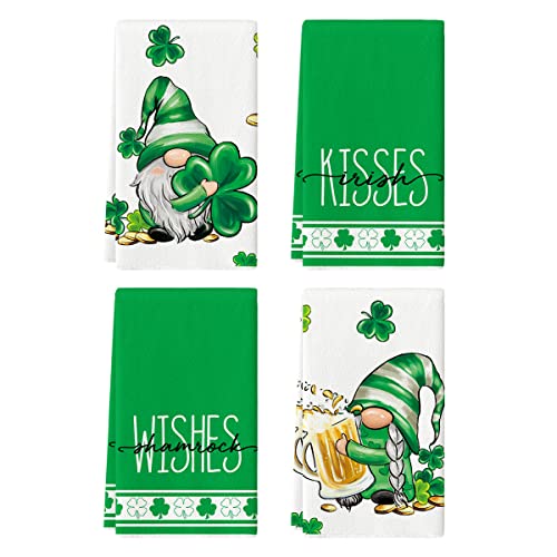 Artoid Mode Kisses Wishes Gnomes Beer Shamrock St. Patrick's Day Kitchen Towels Dish Towels, 18x26 Inch Seasonal Decoration Hand Towels Set of 4