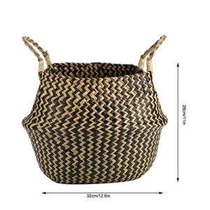 1Pc Foldable Natural Seagrass Woven Storage Basket Clothes Organizer Plant Flower Pot for Planting Home Decoration Laundry(Black)