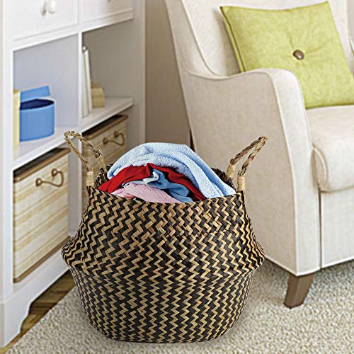 1Pc Foldable Natural Seagrass Woven Storage Basket Clothes Organizer Plant Flower Pot for Planting Home Decoration Laundry(Black)