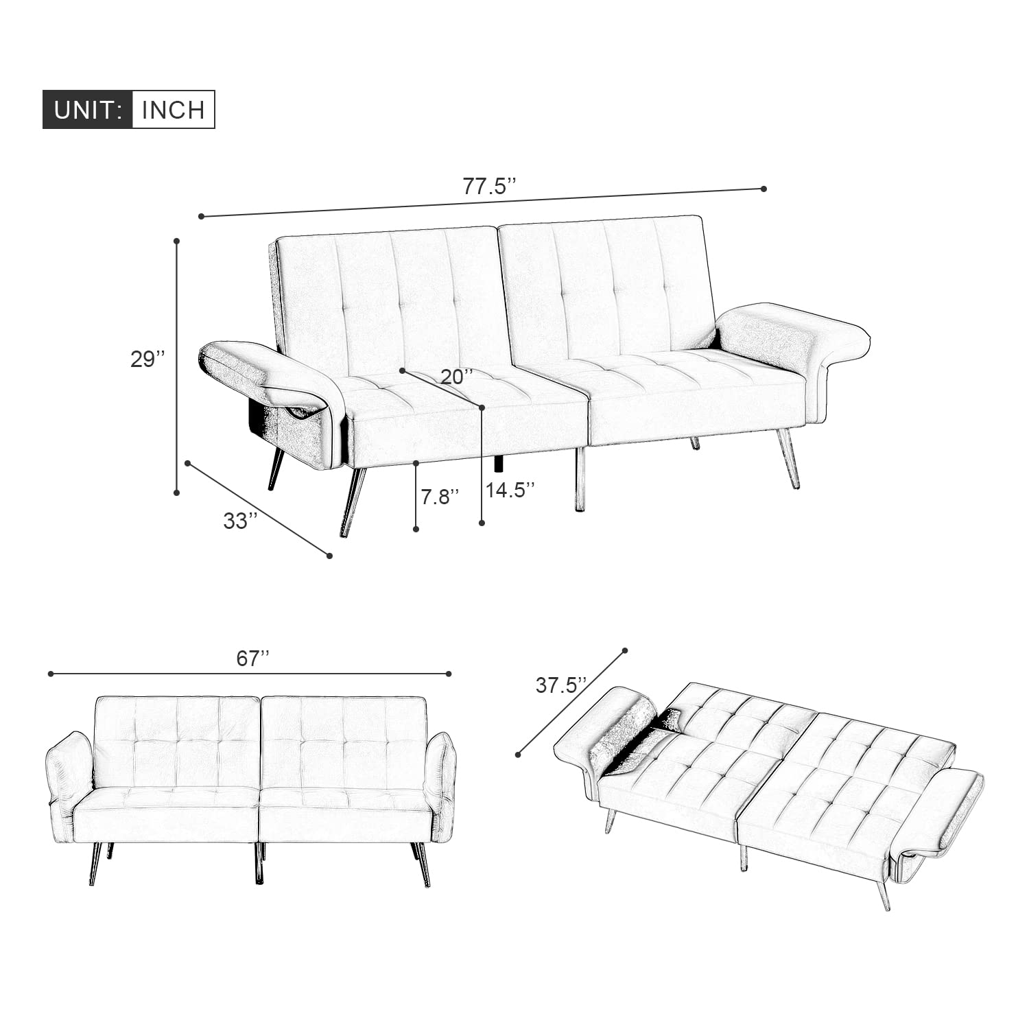 Modern Velvet Futon Sofa Bed,Convertible Folding Sleeper Sofa with 3 Angles Adjustable Back and Armrests,Recliner Couch Bed with Metal Legs for Small Space,Living Room Bedroom Apartment Office,Beige