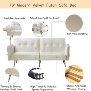 Modern Velvet Futon Sofa Bed,Convertible Folding Sleeper Sofa with 3 Angles Adjustable Back and Armrests,Recliner Couch Bed with Metal Legs for Small Space,Living Room Bedroom Apartment Office,Beige