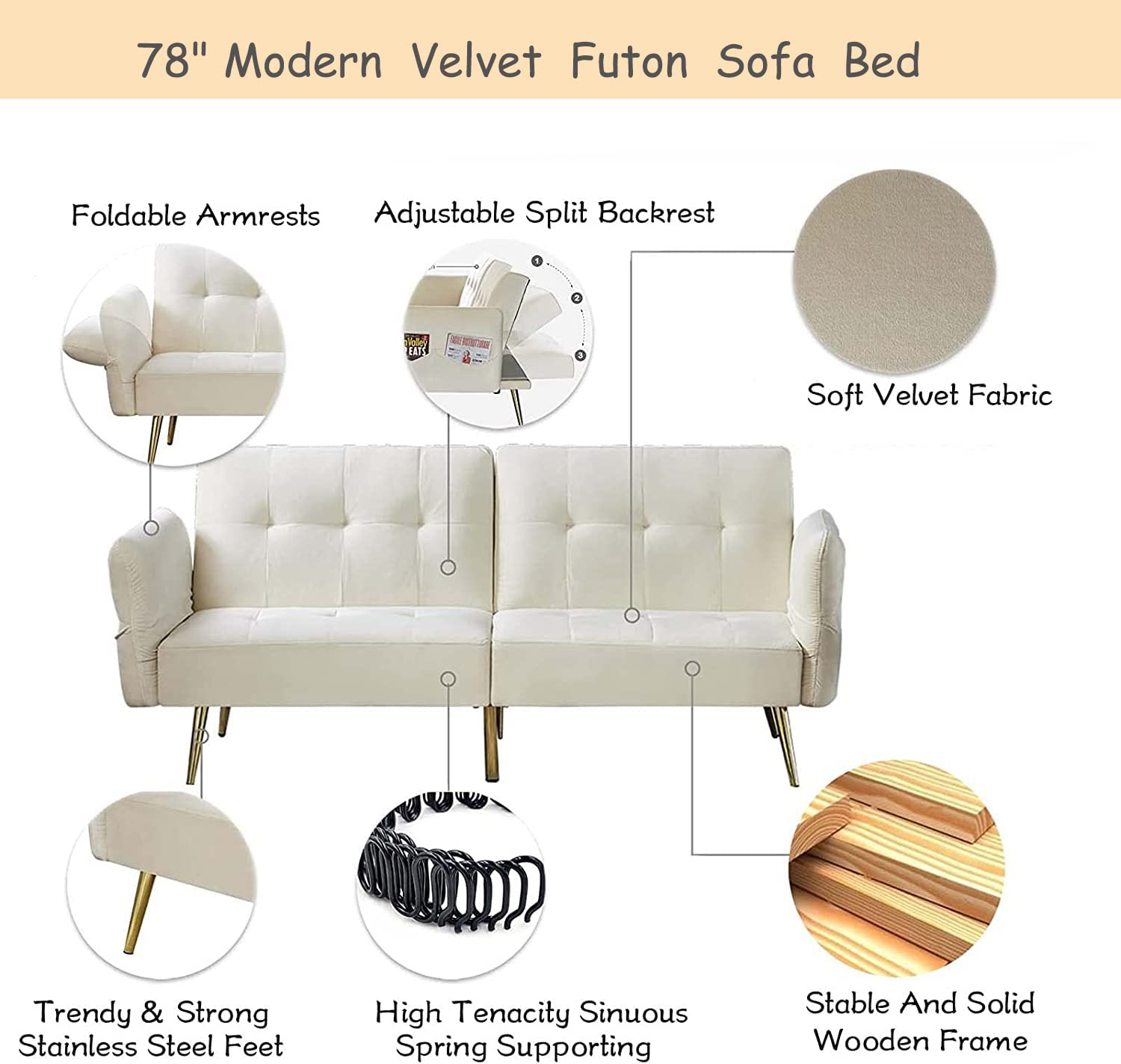 Modern Velvet Futon Sofa Bed,Convertible Folding Sleeper Sofa with 3 Angles Adjustable Back and Armrests,Recliner Couch Bed with Metal Legs for Small Space,Living Room Bedroom Apartment Office,Beige