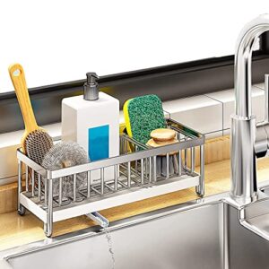 JYFKINN Kitchen Sink Sponge Holder, Kitchen Sink Caddy 304 Stainless Sponge Holder for Kitchen Sink Sponge Organizer with Divider Diversion Drainage, Dish Soap Dispenser Brush Holder Storage