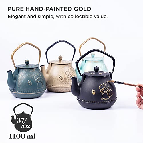 Japanese Cast Iron Tea Pot, Tetsubin Tea Kettle with Removable Loose Leaf Infuser, Japanese Teapots for Stove-Top Safe Hand Painted Squirrel Pattern Coated with Enameled Interior, 34 Oz (Dark Green)