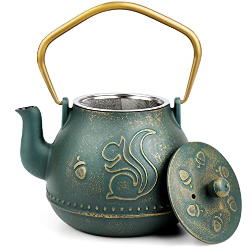 Japanese Cast Iron Tea Pot, Tetsubin Tea Kettle with Removable Loose Leaf Infuser, Japanese Teapots for Stove-Top Safe Hand Painted Squirrel Pattern Coated with Enameled Interior, 34 Oz (Dark Green)