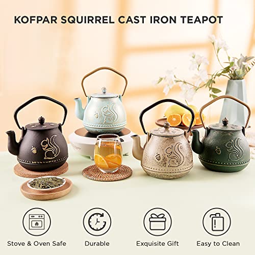 Japanese Cast Iron Tea Pot, Tetsubin Tea Kettle with Removable Loose Leaf Infuser, Japanese Teapots for Stove-Top Safe Hand Painted Squirrel Pattern Coated with Enameled Interior, 34 Oz (Dark Green)