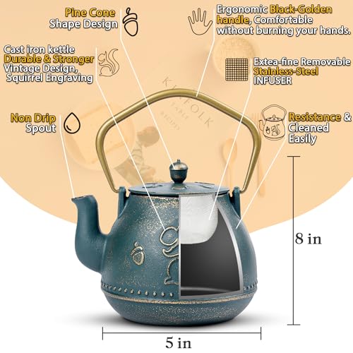 Japanese Cast Iron Tea Pot, Tetsubin Tea Kettle with Removable Loose Leaf Infuser, Japanese Teapots for Stove-Top Safe Hand Painted Squirrel Pattern Coated with Enameled Interior, 34 Oz (Dark Green)