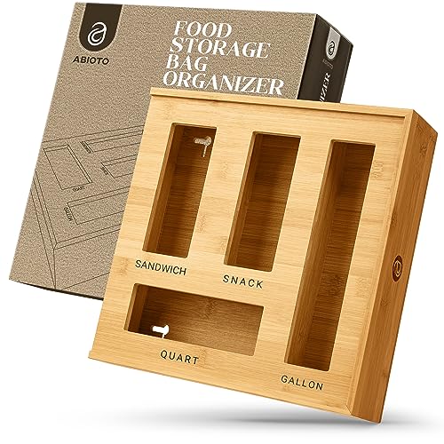 ABIOTO Bag Storage Organizer for Kitchen Drawers – Bamboo Ziplock Bags Organizer Compatible with Gallon, Quart, Sandwich, and Snack Variety Sized Ziploc Plastic Baggies (4-in-1 Organizer)