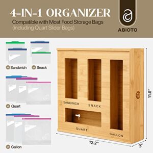 ABIOTO Bag Storage Organizer for Kitchen Drawers – Bamboo Ziplock Bags Organizer Compatible with Gallon, Quart, Sandwich, and Snack Variety Sized Ziploc Plastic Baggies (4-in-1 Organizer)